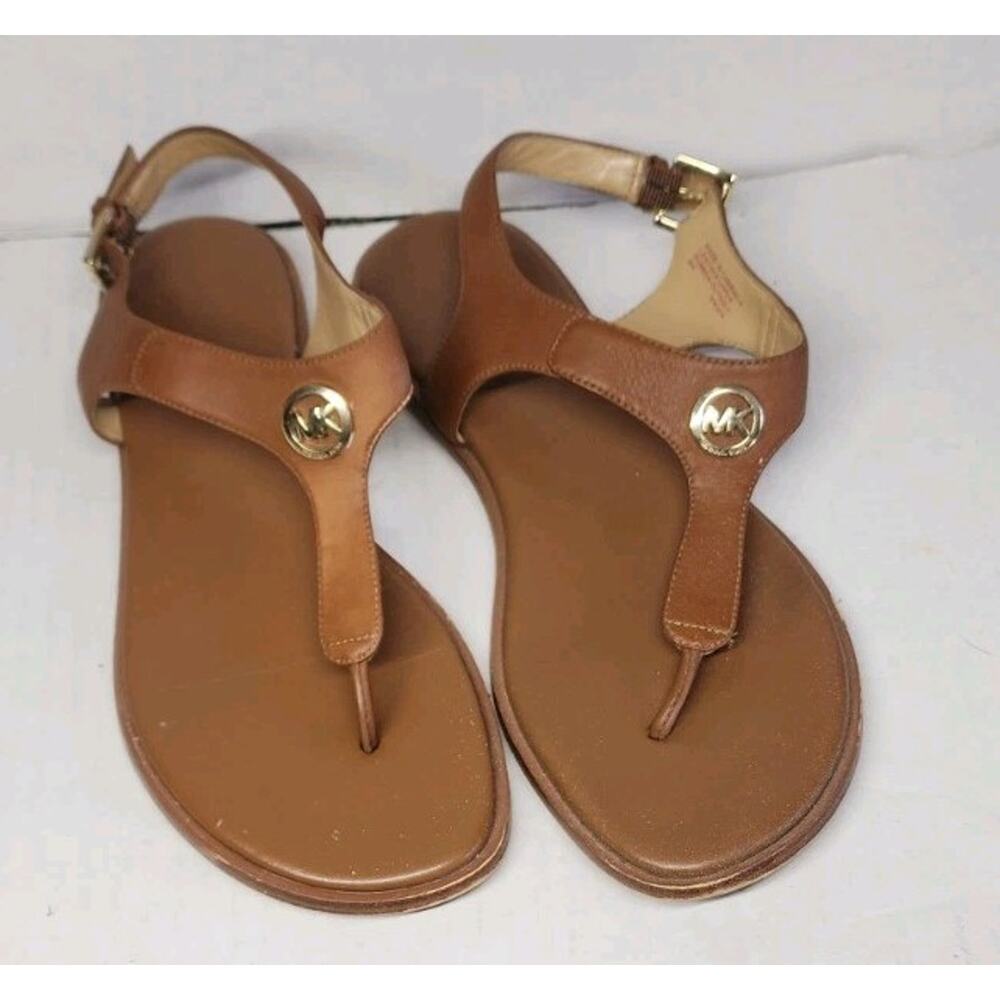 Michael Kors Women's Luggage MK Sig SM Plate Thong Sandals 8M